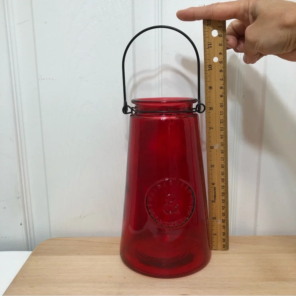 Genuine Crafted & Original Red Glass Ribbed Candle Holder with Metal Wire Handle